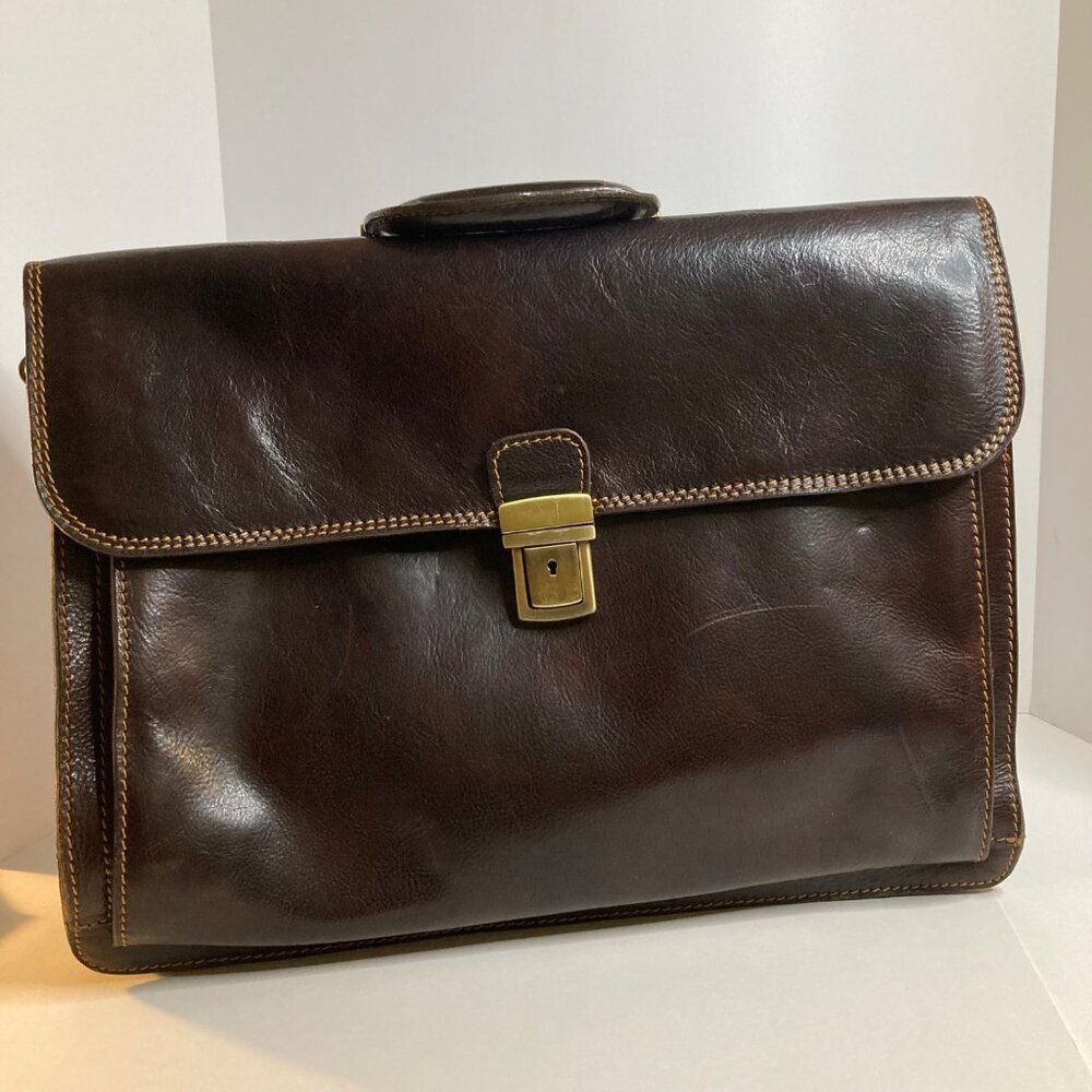 Mens Vintage Italian Leather Briefcase Attache Case Dark Brown 13 x17" Flaw